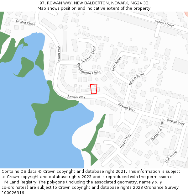 97, ROWAN WAY, NEW BALDERTON, NEWARK, NG24 3BJ: Location map and indicative extent of plot