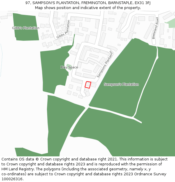 97, SAMPSON'S PLANTATION, FREMINGTON, BARNSTAPLE, EX31 3FJ: Location map and indicative extent of plot