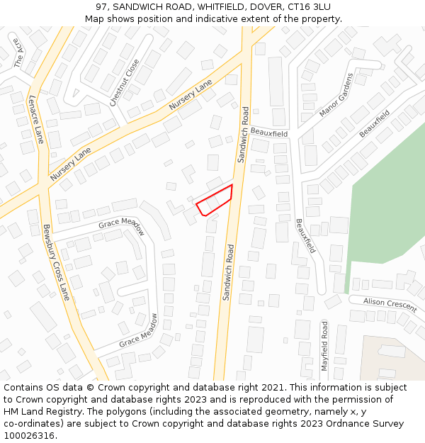 97, SANDWICH ROAD, WHITFIELD, DOVER, CT16 3LU: Location map and indicative extent of plot