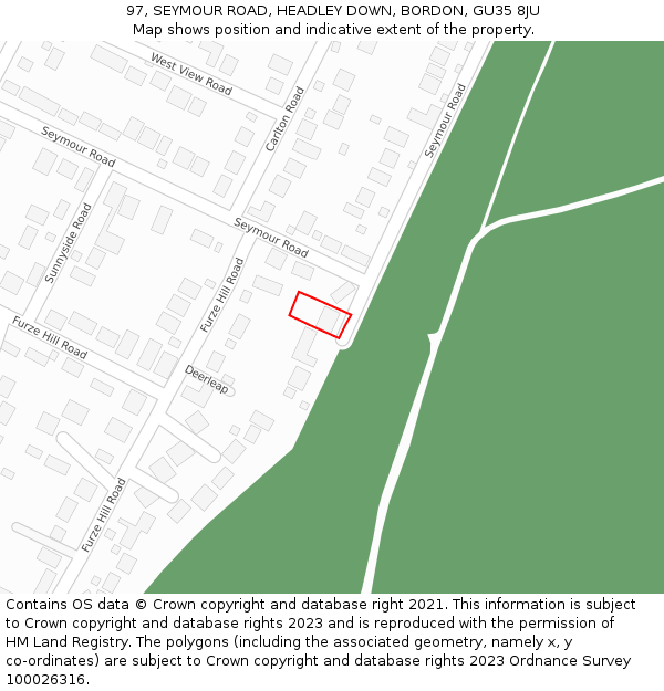 97, SEYMOUR ROAD, HEADLEY DOWN, BORDON, GU35 8JU: Location map and indicative extent of plot