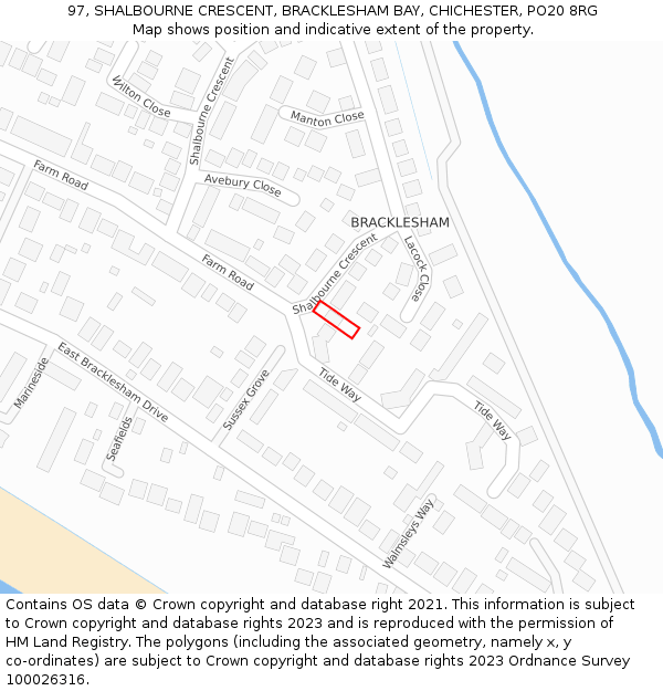 97, SHALBOURNE CRESCENT, BRACKLESHAM BAY, CHICHESTER, PO20 8RG: Location map and indicative extent of plot