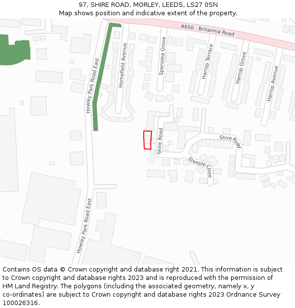 97, SHIRE ROAD, MORLEY, LEEDS, LS27 0SN: Location map and indicative extent of plot