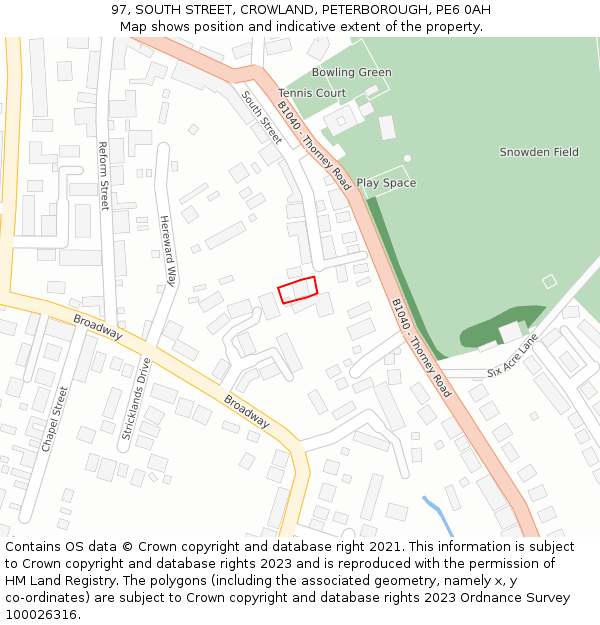 97, SOUTH STREET, CROWLAND, PETERBOROUGH, PE6 0AH: Location map and indicative extent of plot