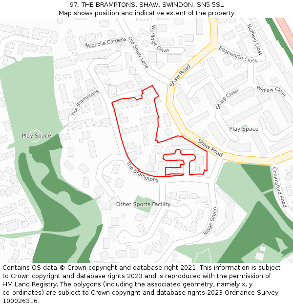 97, THE BRAMPTONS, SHAW, SWINDON, SN5 5SL: Location map and indicative extent of plot