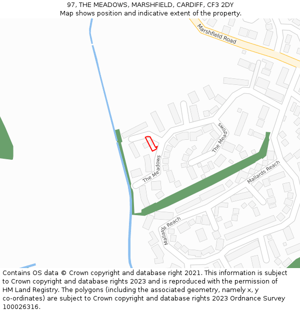 97, THE MEADOWS, MARSHFIELD, CARDIFF, CF3 2DY: Location map and indicative extent of plot