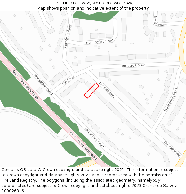 97, THE RIDGEWAY, WATFORD, WD17 4WJ: Location map and indicative extent of plot