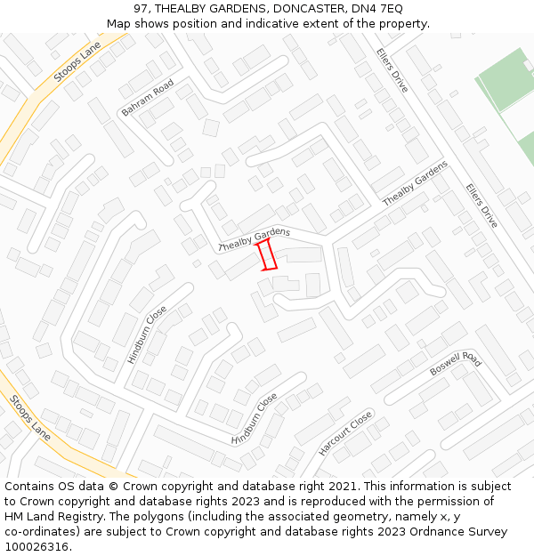 97, THEALBY GARDENS, DONCASTER, DN4 7EQ: Location map and indicative extent of plot