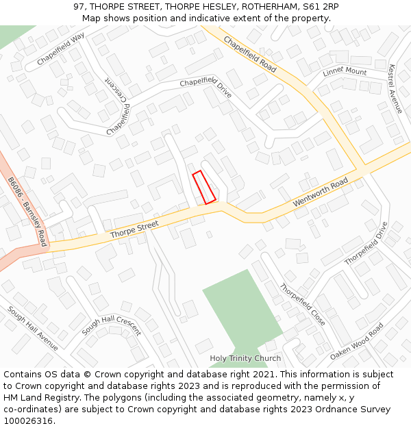 97, THORPE STREET, THORPE HESLEY, ROTHERHAM, S61 2RP: Location map and indicative extent of plot