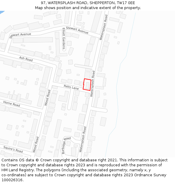 97, WATERSPLASH ROAD, SHEPPERTON, TW17 0EE: Location map and indicative extent of plot