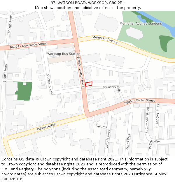 97, WATSON ROAD, WORKSOP, S80 2BL: Location map and indicative extent of plot