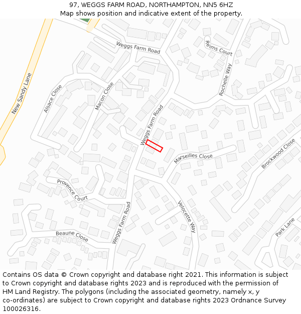 97, WEGGS FARM ROAD, NORTHAMPTON, NN5 6HZ: Location map and indicative extent of plot