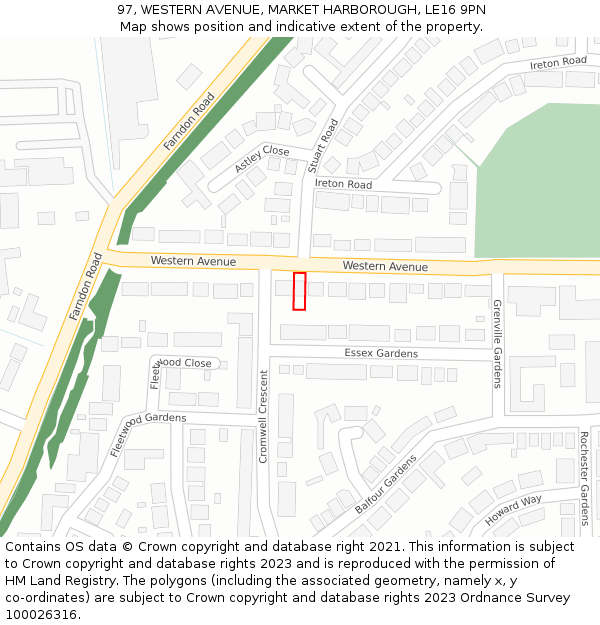 97, WESTERN AVENUE, MARKET HARBOROUGH, LE16 9PN: Location map and indicative extent of plot