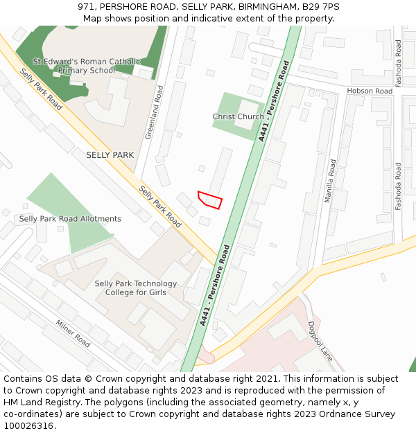 971, PERSHORE ROAD, SELLY PARK, BIRMINGHAM, B29 7PS: Location map and indicative extent of plot