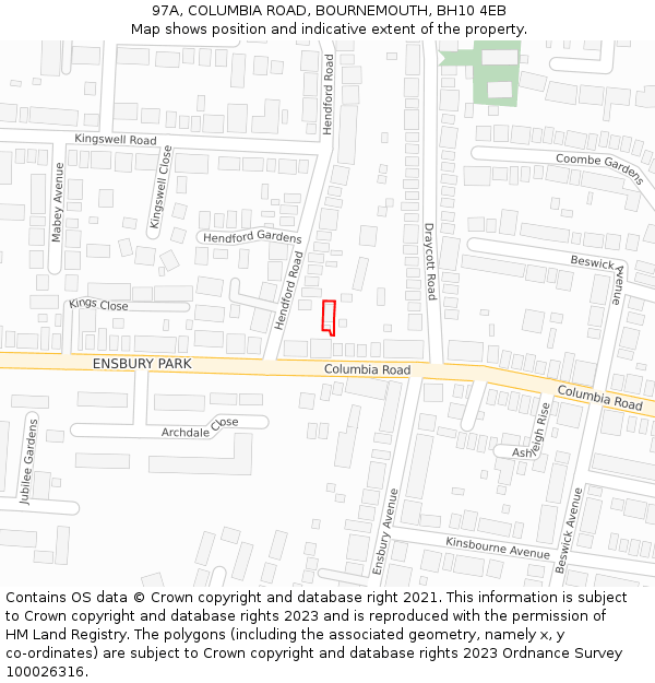 97A, COLUMBIA ROAD, BOURNEMOUTH, BH10 4EB: Location map and indicative extent of plot