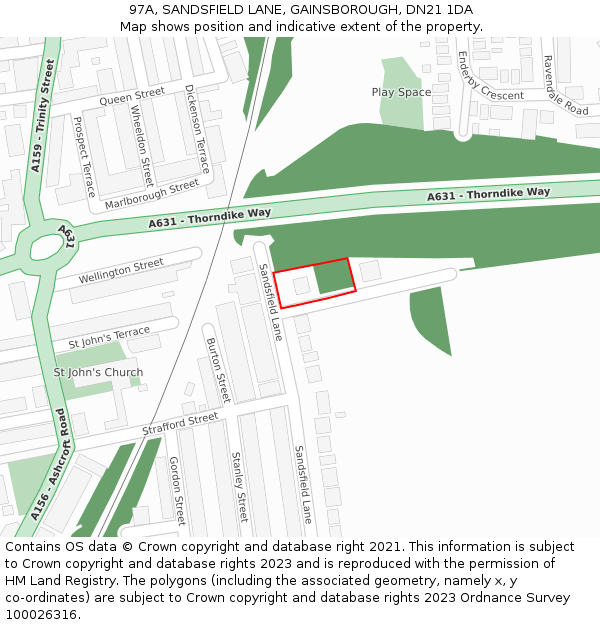 97A, SANDSFIELD LANE, GAINSBOROUGH, DN21 1DA: Location map and indicative extent of plot