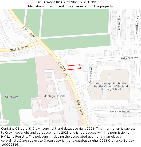 98, ADWICK ROAD, MEXBOROUGH, S64 0BB: Location map and indicative extent of plot