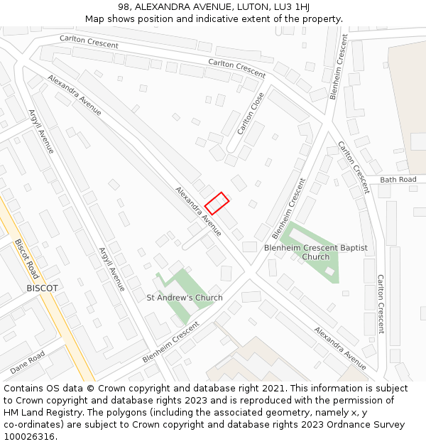 98, ALEXANDRA AVENUE, LUTON, LU3 1HJ: Location map and indicative extent of plot