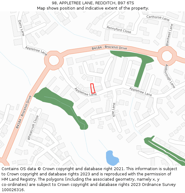 98, APPLETREE LANE, REDDITCH, B97 6TS: Location map and indicative extent of plot