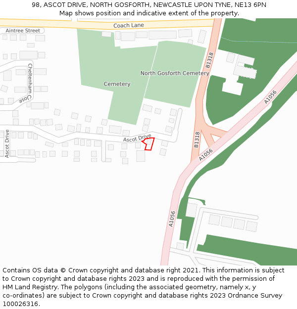 98, ASCOT DRIVE, NORTH GOSFORTH, NEWCASTLE UPON TYNE, NE13 6PN: Location map and indicative extent of plot