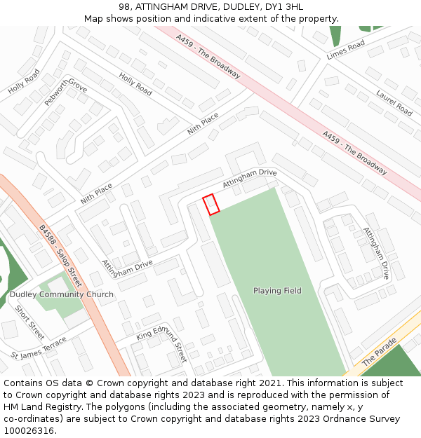 98, ATTINGHAM DRIVE, DUDLEY, DY1 3HL: Location map and indicative extent of plot