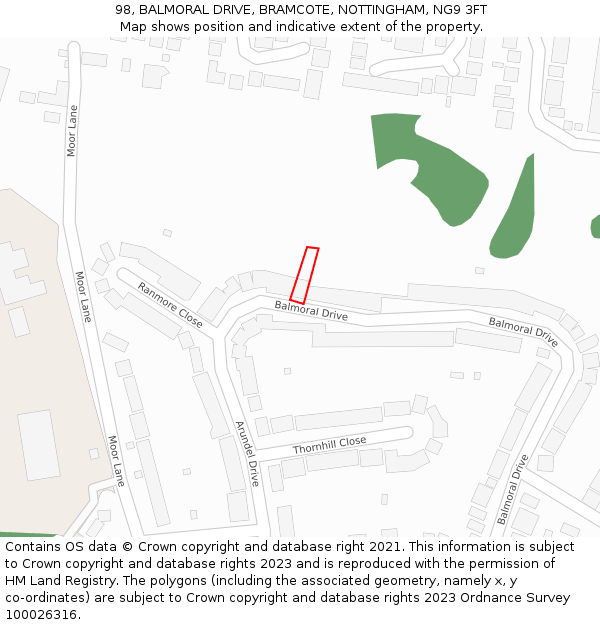 98, BALMORAL DRIVE, BRAMCOTE, NOTTINGHAM, NG9 3FT: Location map and indicative extent of plot