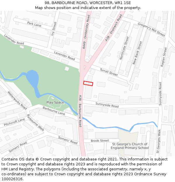 98, BARBOURNE ROAD, WORCESTER, WR1 1SE: Location map and indicative extent of plot