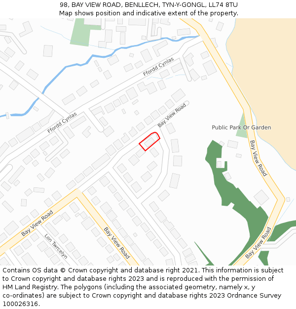 98, BAY VIEW ROAD, BENLLECH, TYN-Y-GONGL, LL74 8TU: Location map and indicative extent of plot