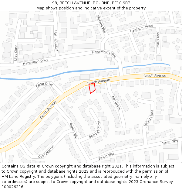 98, BEECH AVENUE, BOURNE, PE10 9RB: Location map and indicative extent of plot