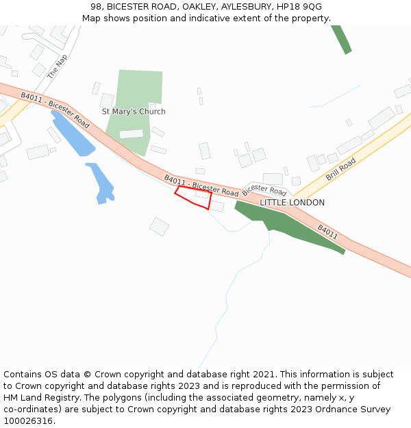 98, BICESTER ROAD, OAKLEY, AYLESBURY, HP18 9QG: Location map and indicative extent of plot