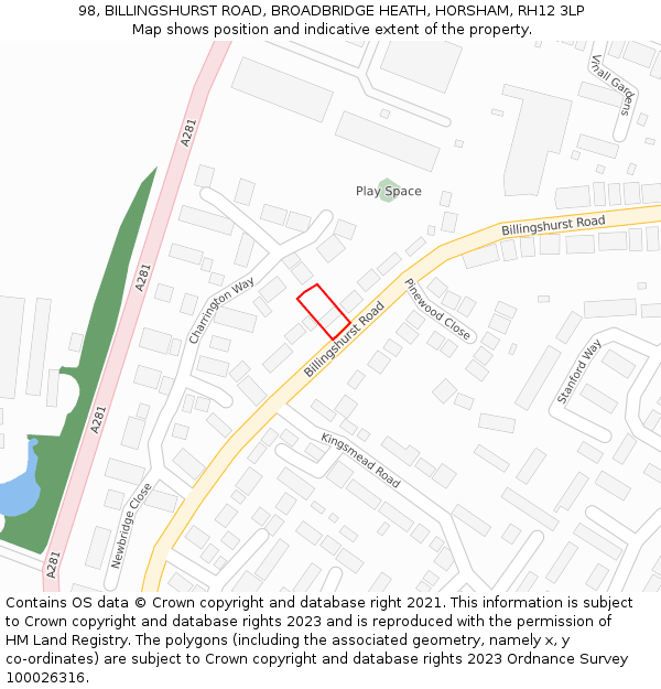 98, BILLINGSHURST ROAD, BROADBRIDGE HEATH, HORSHAM, RH12 3LP: Location map and indicative extent of plot