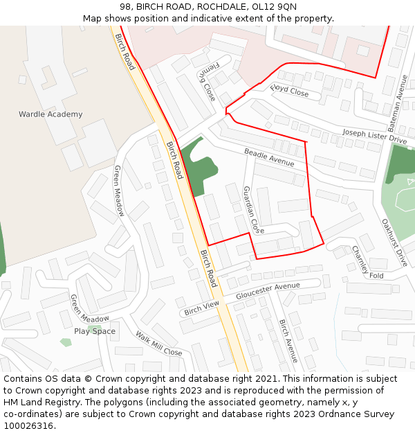 98, BIRCH ROAD, ROCHDALE, OL12 9QN: Location map and indicative extent of plot