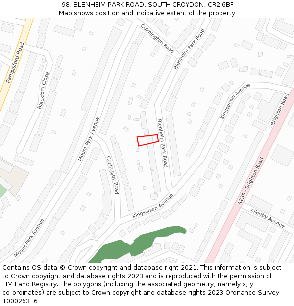 98, BLENHEIM PARK ROAD, SOUTH CROYDON, CR2 6BF: Location map and indicative extent of plot