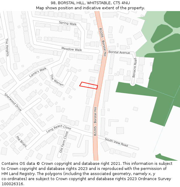 98, BORSTAL HILL, WHITSTABLE, CT5 4NU: Location map and indicative extent of plot