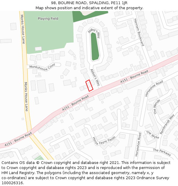 98, BOURNE ROAD, SPALDING, PE11 1JR: Location map and indicative extent of plot