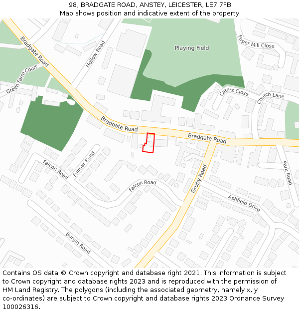 98, BRADGATE ROAD, ANSTEY, LEICESTER, LE7 7FB: Location map and indicative extent of plot