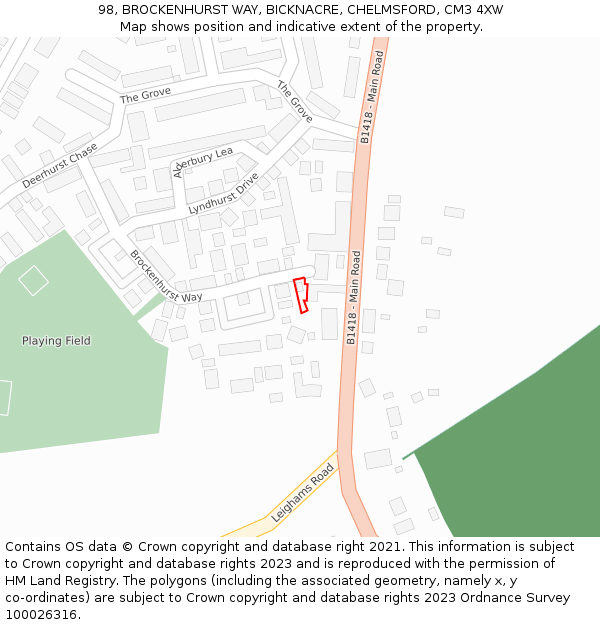 98, BROCKENHURST WAY, BICKNACRE, CHELMSFORD, CM3 4XW: Location map and indicative extent of plot