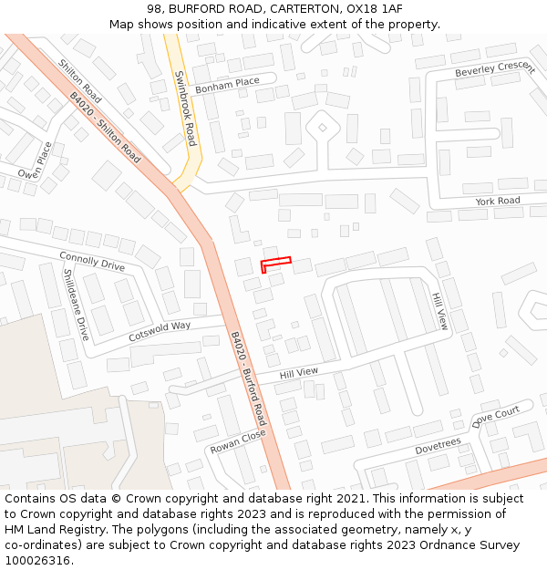 98, BURFORD ROAD, CARTERTON, OX18 1AF: Location map and indicative extent of plot