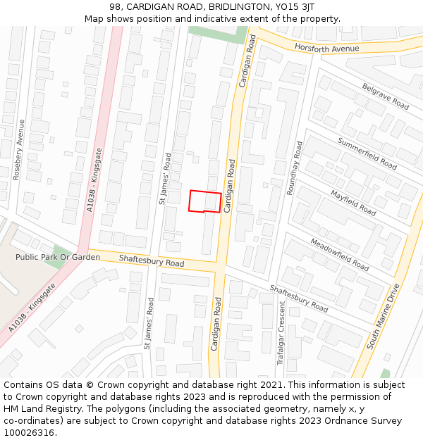 98, CARDIGAN ROAD, BRIDLINGTON, YO15 3JT: Location map and indicative extent of plot