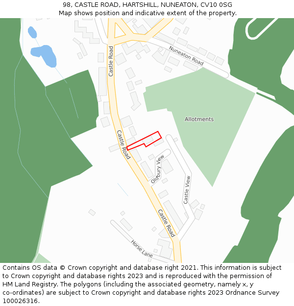 98, CASTLE ROAD, HARTSHILL, NUNEATON, CV10 0SG: Location map and indicative extent of plot