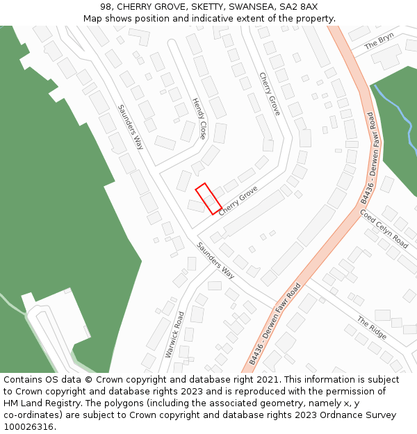 98, CHERRY GROVE, SKETTY, SWANSEA, SA2 8AX: Location map and indicative extent of plot