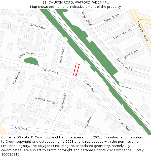 98, CHURCH ROAD, WATFORD, WD17 4PU: Location map and indicative extent of plot