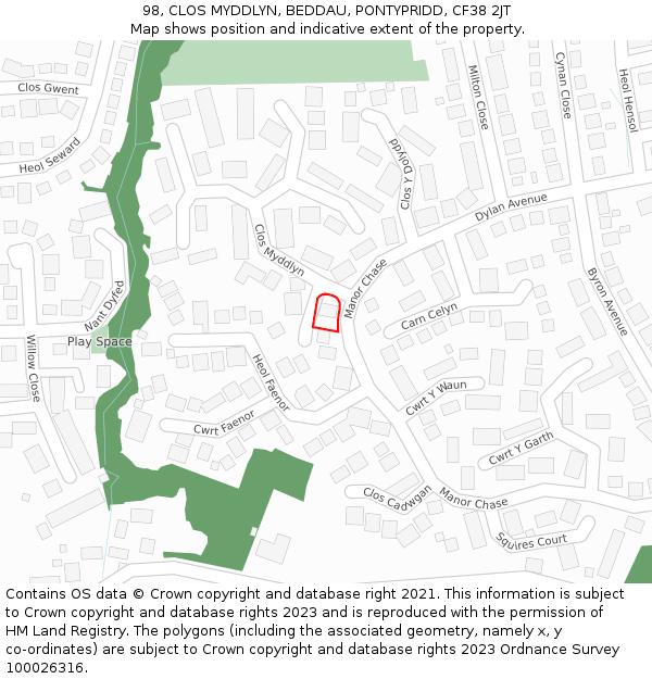 98, CLOS MYDDLYN, BEDDAU, PONTYPRIDD, CF38 2JT: Location map and indicative extent of plot