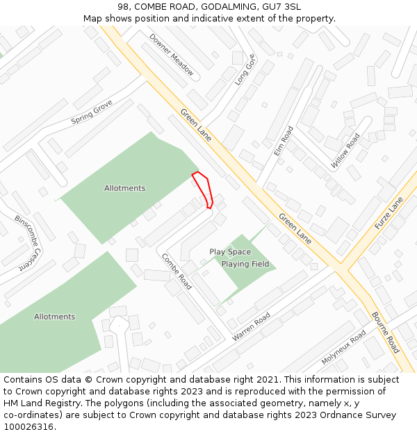 98, COMBE ROAD, GODALMING, GU7 3SL: Location map and indicative extent of plot