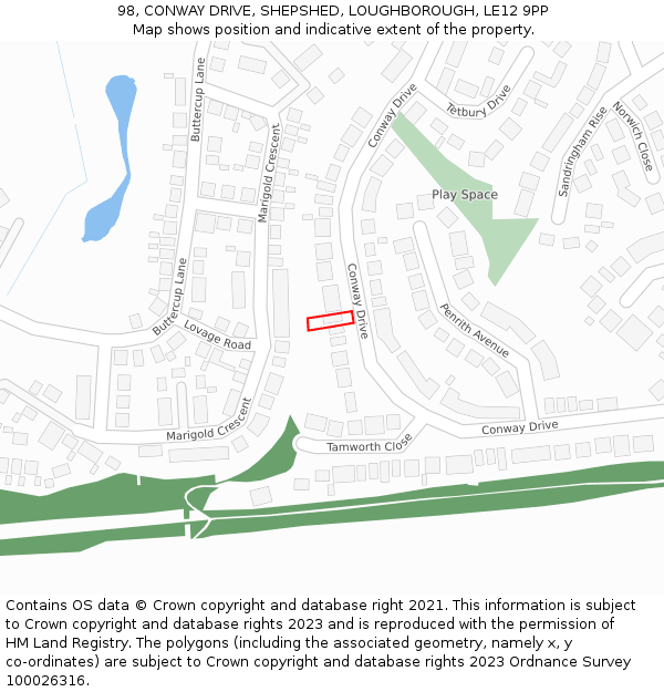 98, CONWAY DRIVE, SHEPSHED, LOUGHBOROUGH, LE12 9PP: Location map and indicative extent of plot