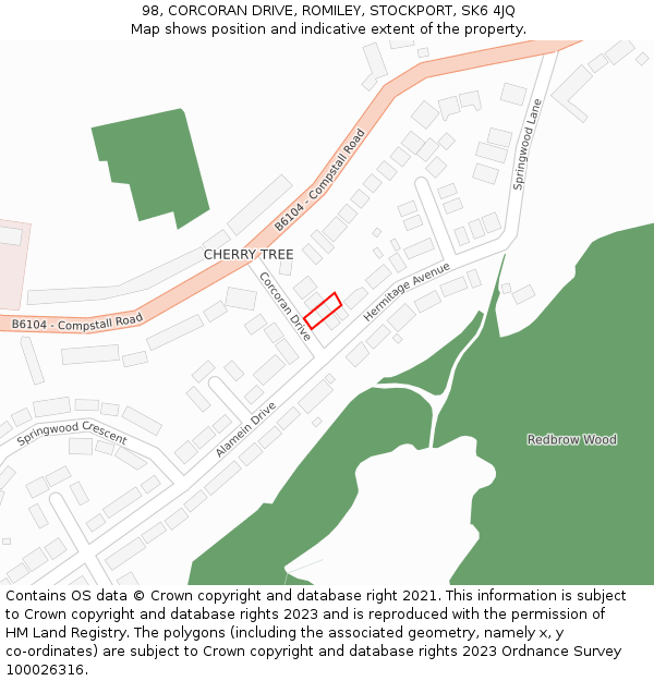 98, CORCORAN DRIVE, ROMILEY, STOCKPORT, SK6 4JQ: Location map and indicative extent of plot
