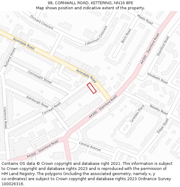 98, CORNWALL ROAD, KETTERING, NN16 8PE: Location map and indicative extent of plot