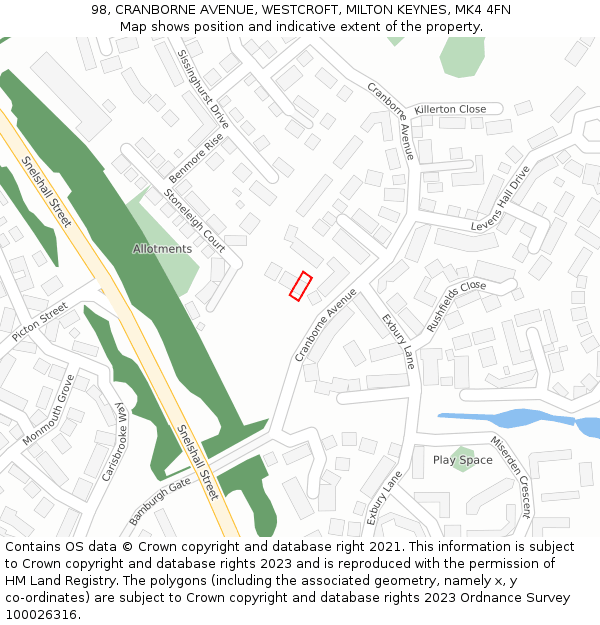 98, CRANBORNE AVENUE, WESTCROFT, MILTON KEYNES, MK4 4FN: Location map and indicative extent of plot