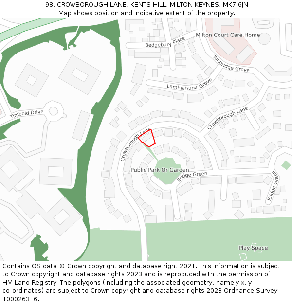 98, CROWBOROUGH LANE, KENTS HILL, MILTON KEYNES, MK7 6JN: Location map and indicative extent of plot