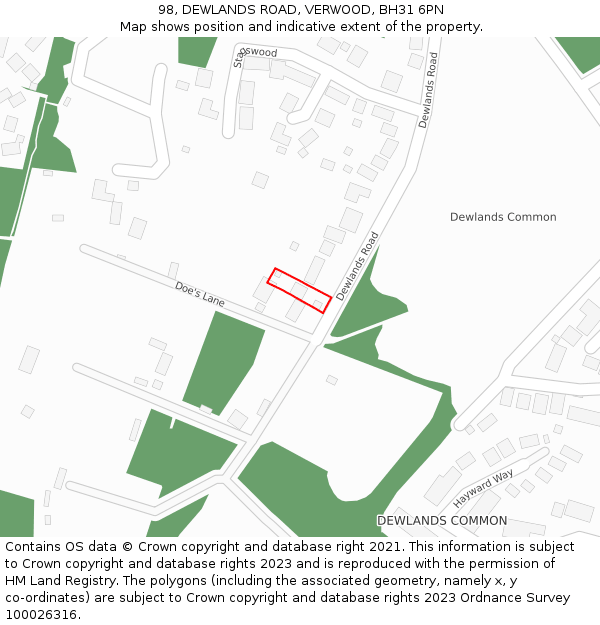 98, DEWLANDS ROAD, VERWOOD, BH31 6PN: Location map and indicative extent of plot