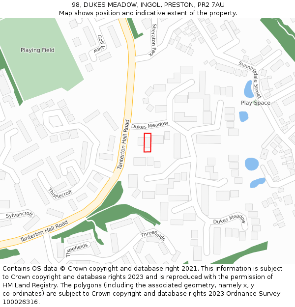 98, DUKES MEADOW, INGOL, PRESTON, PR2 7AU: Location map and indicative extent of plot